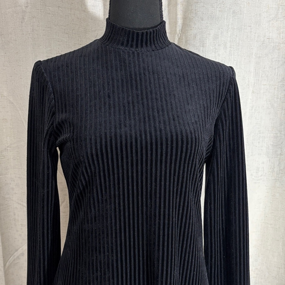 Black Ribbed Velour Mini Dress - Picture 2 of 5
